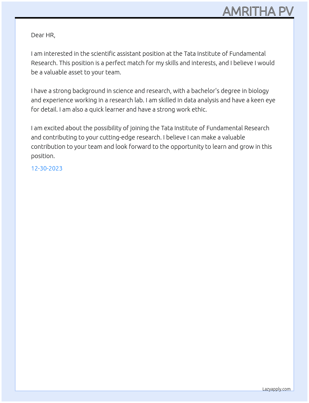 Scientific assistant  At Tata Institute of Fundamental Research Cover Letter