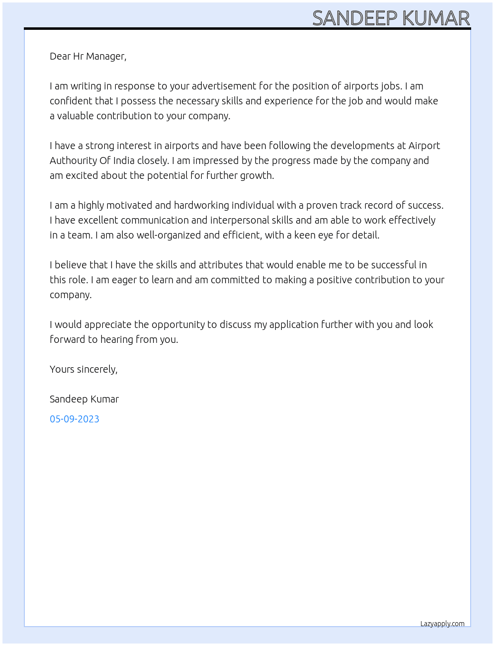 Airports Jobs  At Airport Authourity Of India Cover Letter