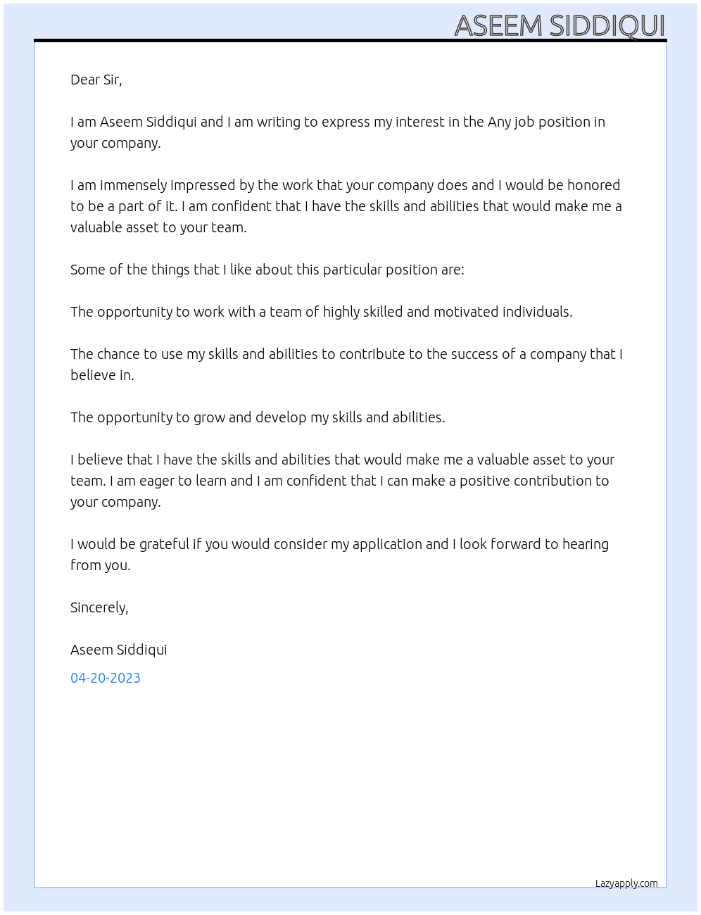 Any post  At Any job  Cover Letter