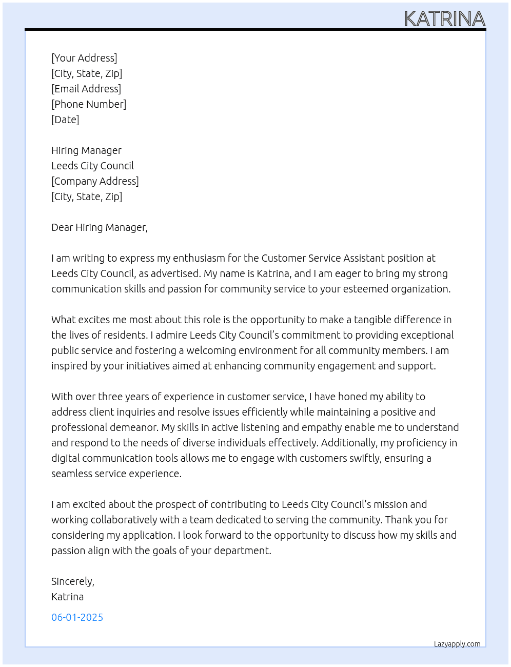 customer service assistant At leeds city coucncil Cover Letter