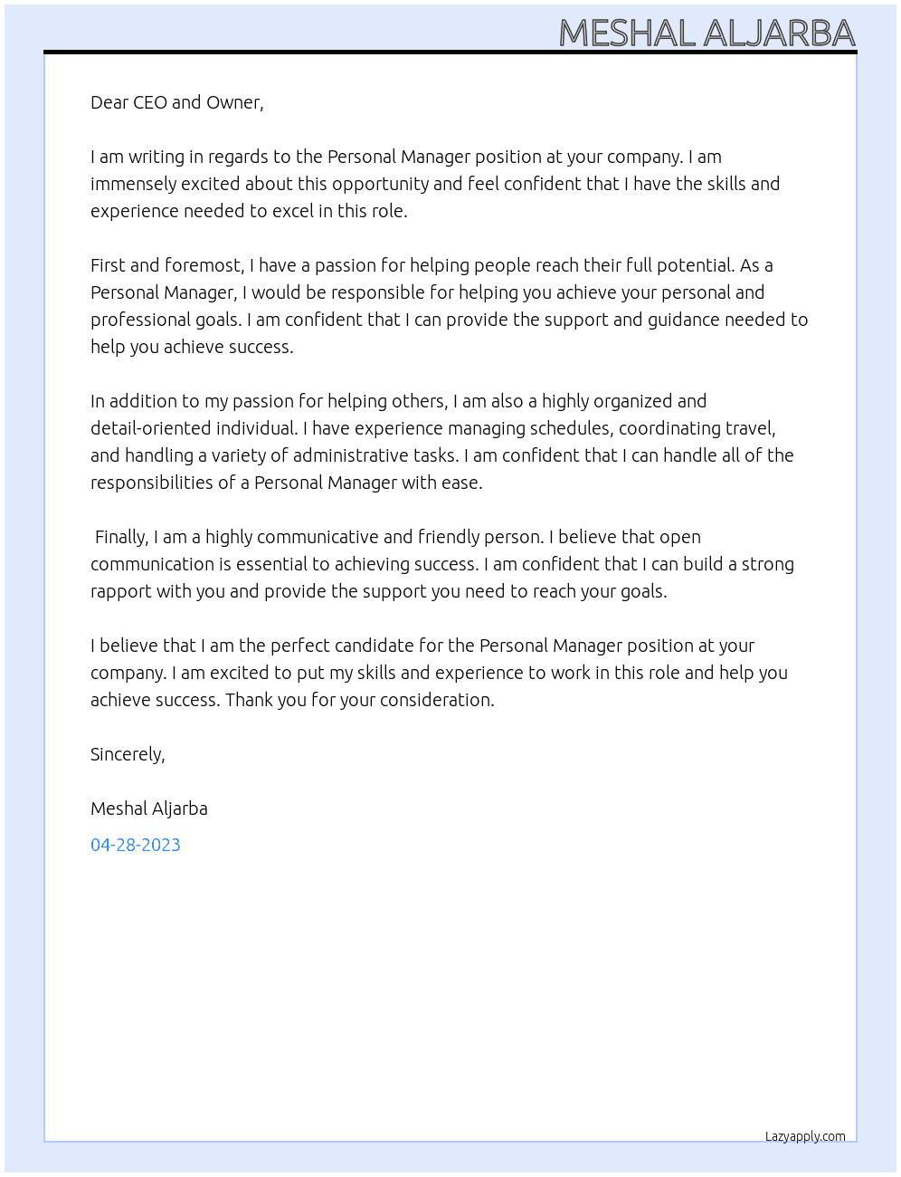 Personal manager  At Personal Company  Cover Letter