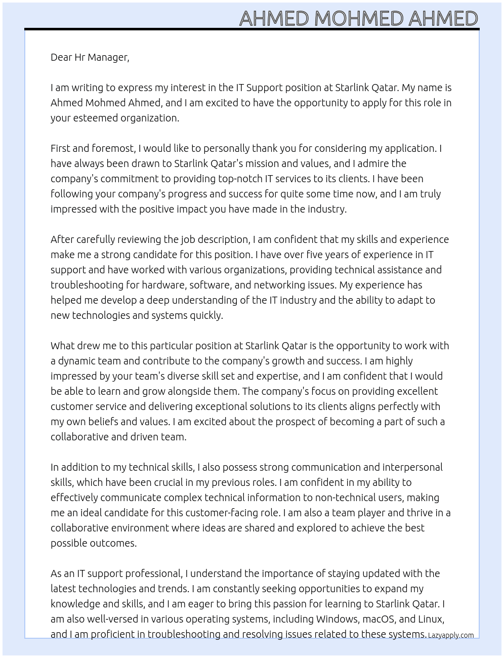 IT Support support At starlink qatar  Cover Letter