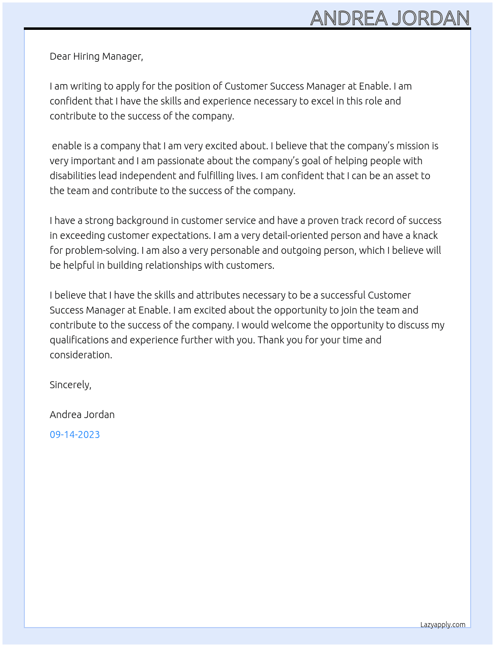 Customer Sucess manager At Enable Cover Letter