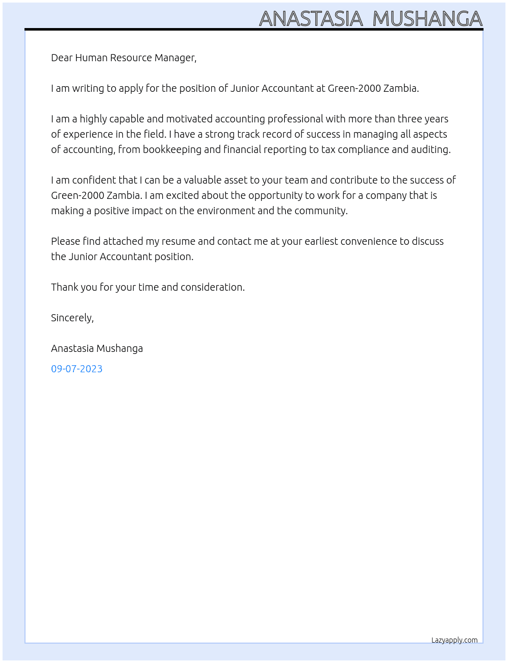 Junior Accountant At Green-2000 Zambia Cover Letter