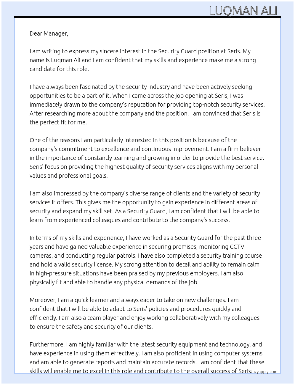 Security Guard  At Seris Cover Letter