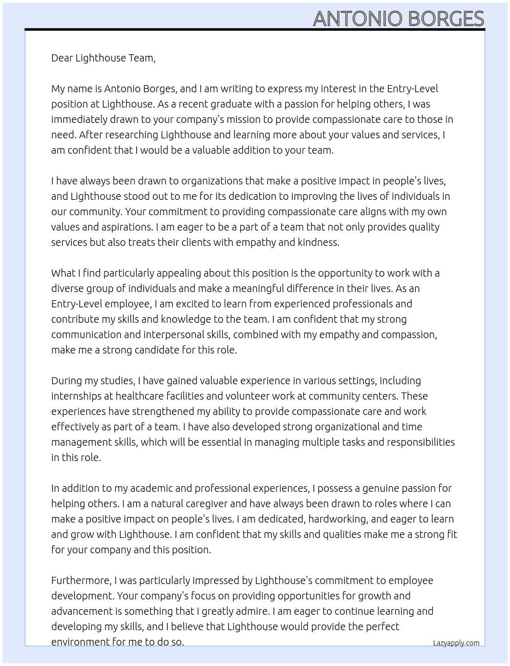 Entry-Level Position At Lighthouse Cover Letter