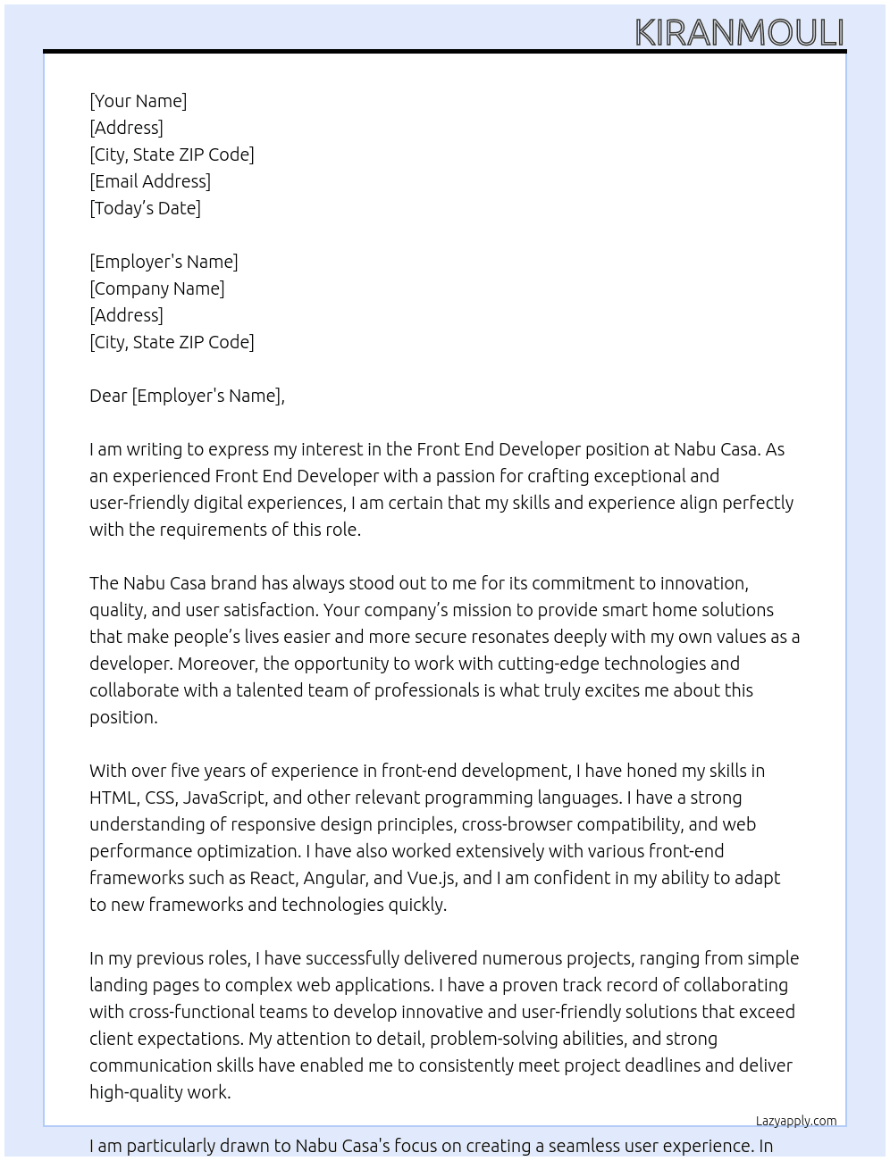 Front End Developer At Nabu Casa  Cover Letter
