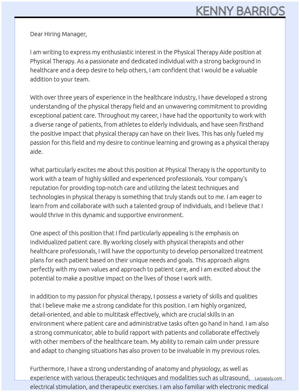 physical therapy aide At Physical therapy Cover Letter