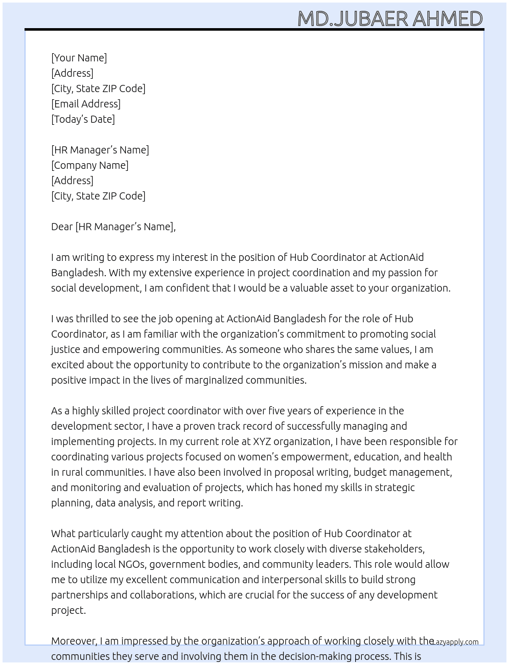 Hub Coordinator At ActionAid Bangladesh Cover Letter