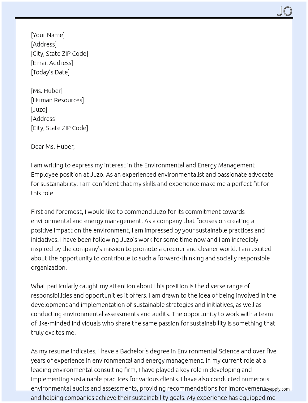 Environmental and Energy Management Employee  At Juzo Cover Letter