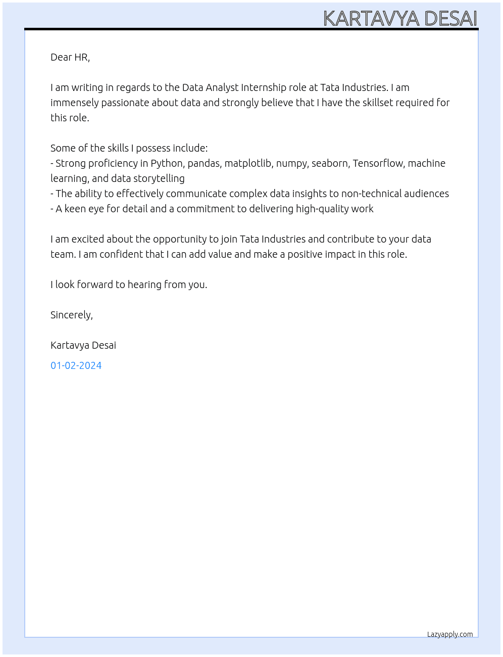 Data Analyst At Tata Industries Cover Letter