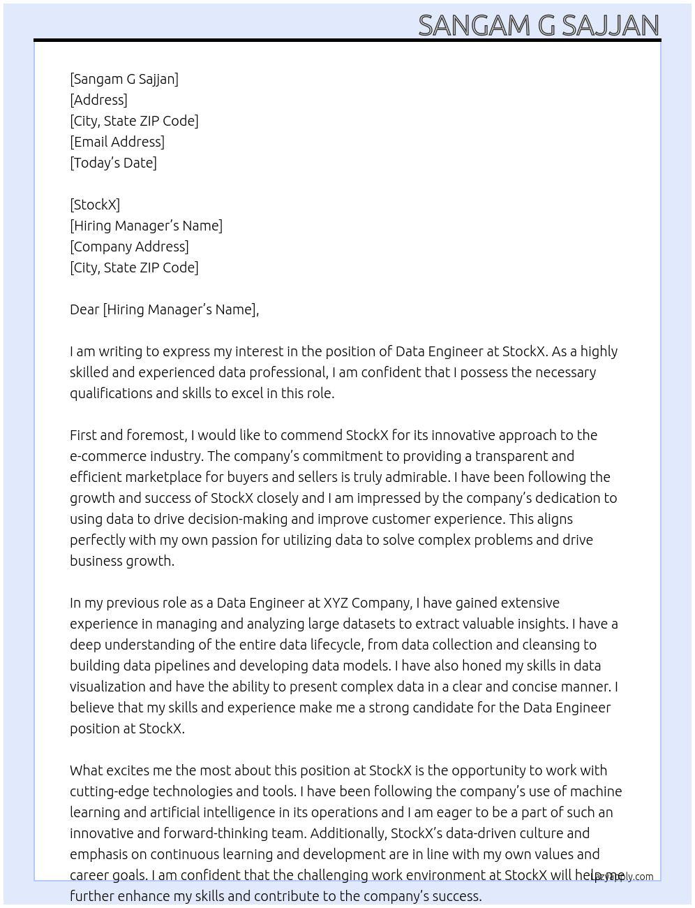 Data Engineer At StockX Cover Letter