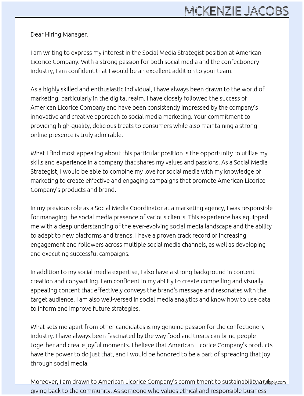Social Media Strategist At American Licorice Company Cover Letter