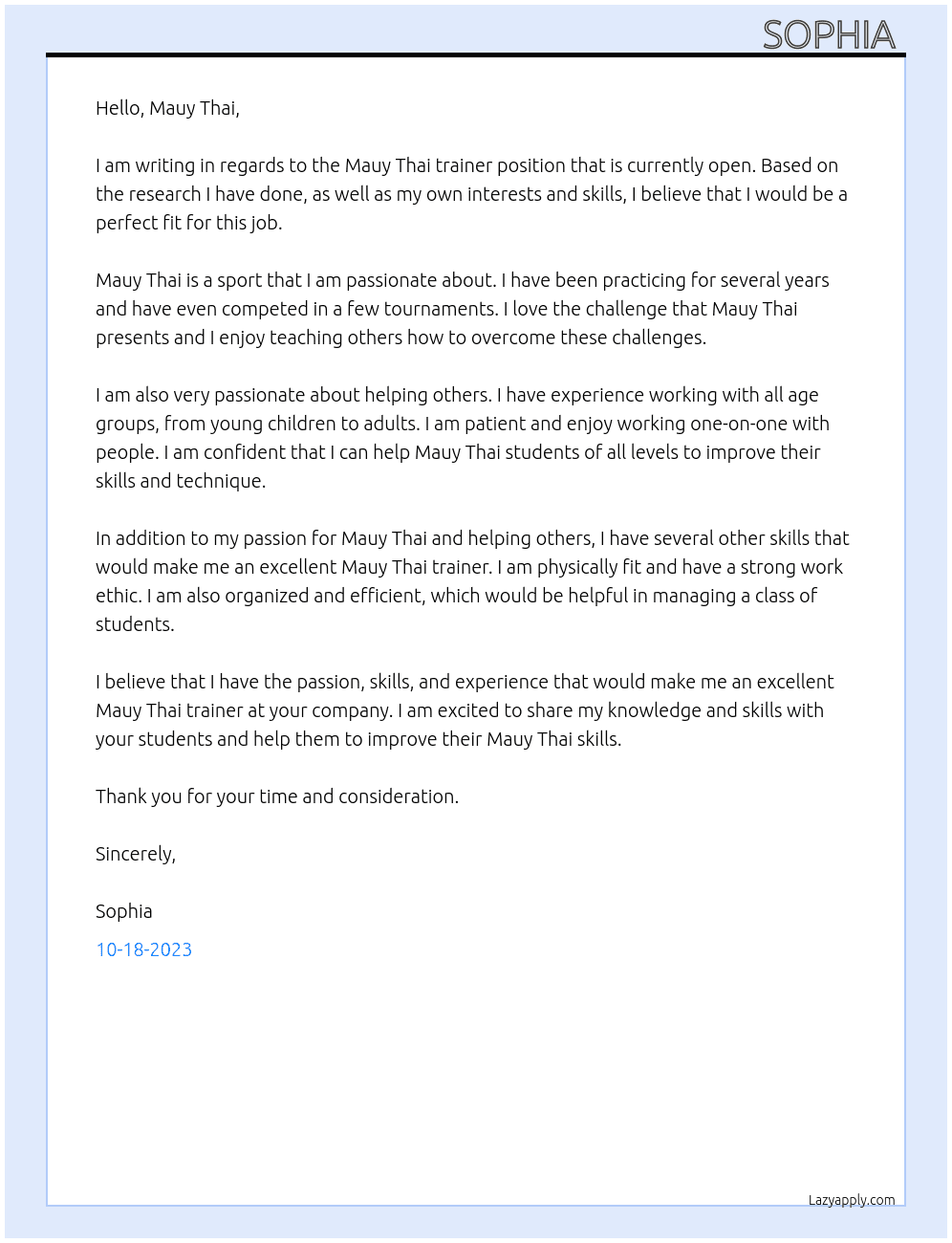 Mauy Thai trainer  At Mauy Thai  Cover Letter