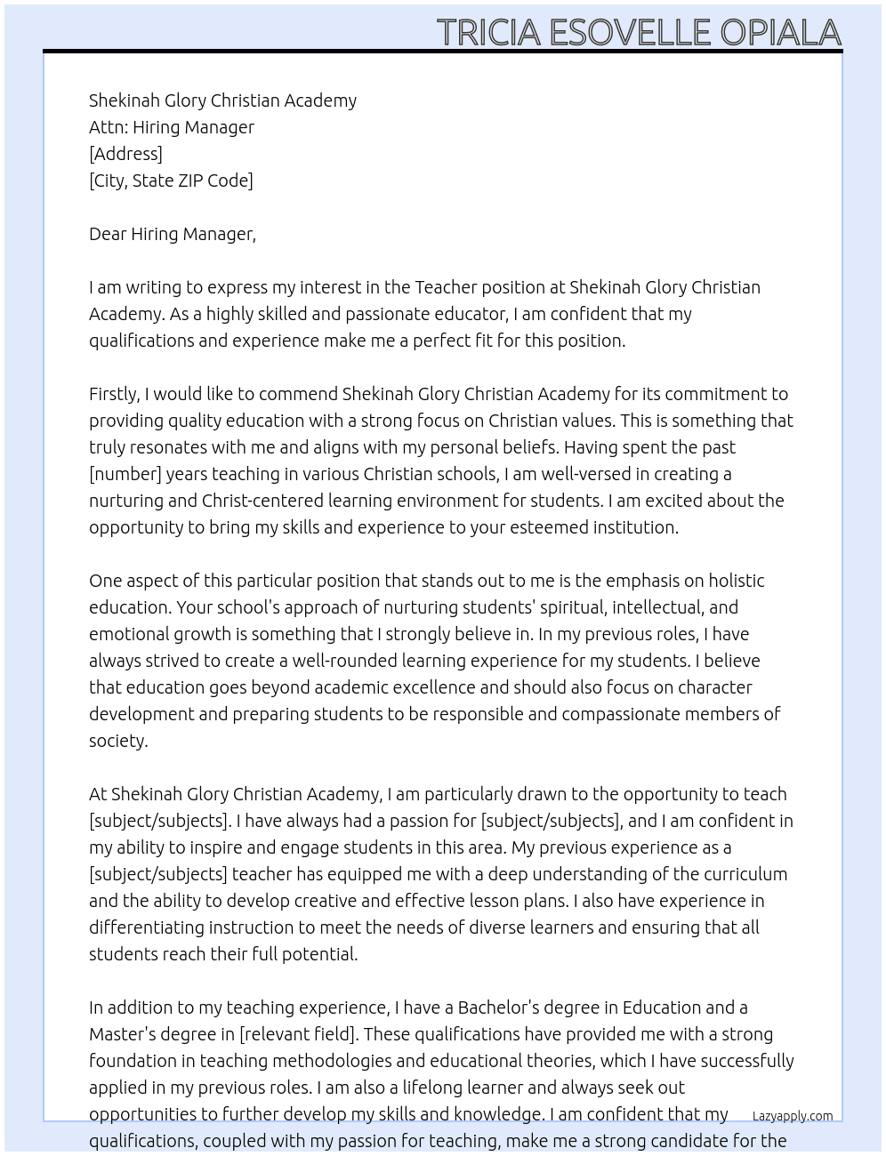 Teacher At Teacher  Cover Letter