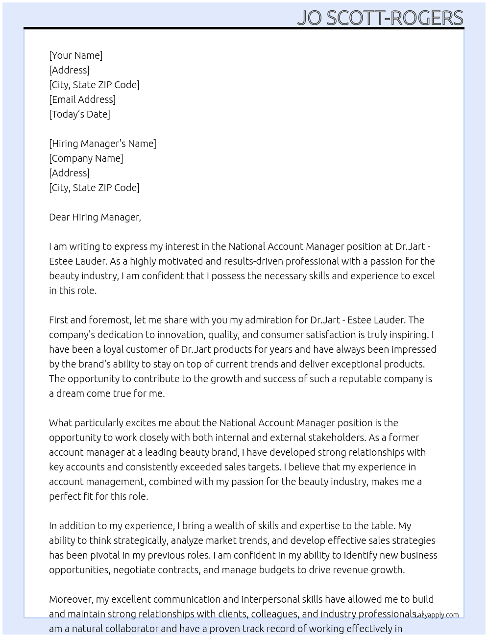 National Account Manager At Dr.Jart - Estee Lauder  Cover Letter