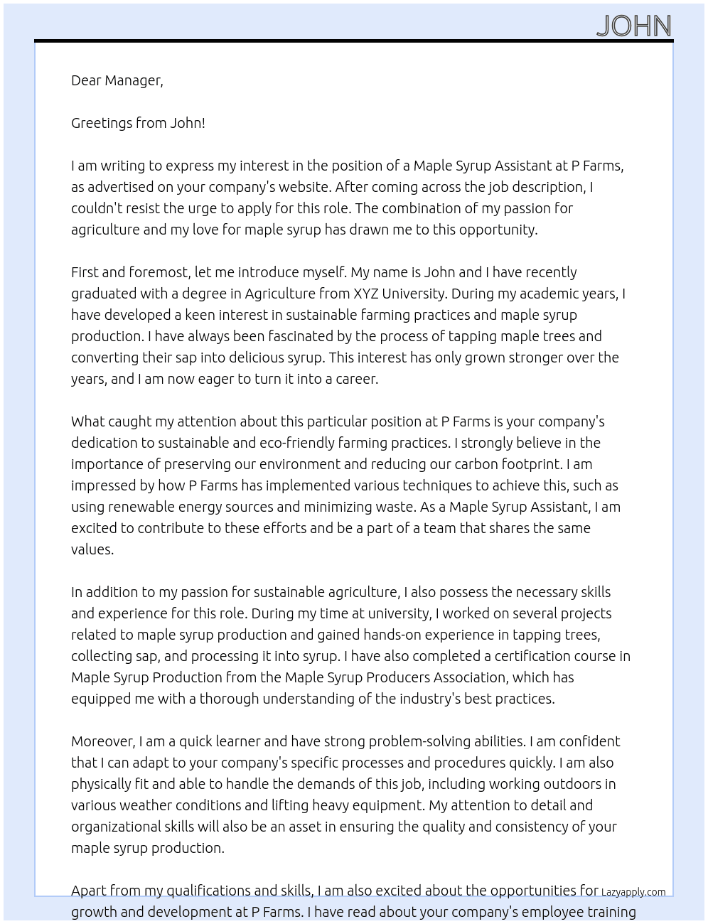 maple syrup assistant At P Farms Cover Letter