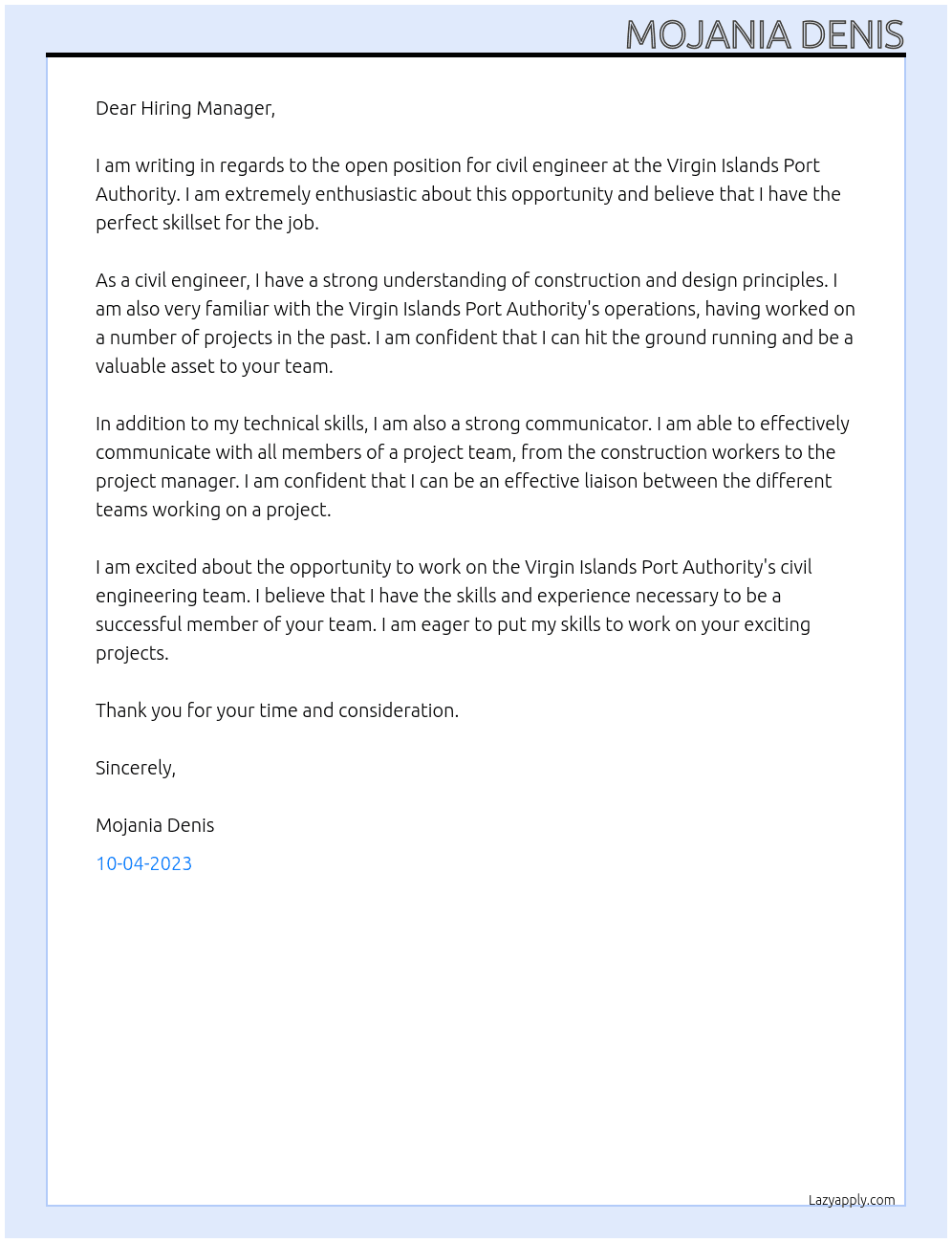 Civil Engineer At Virgin Islands Port Authority Cover Letter