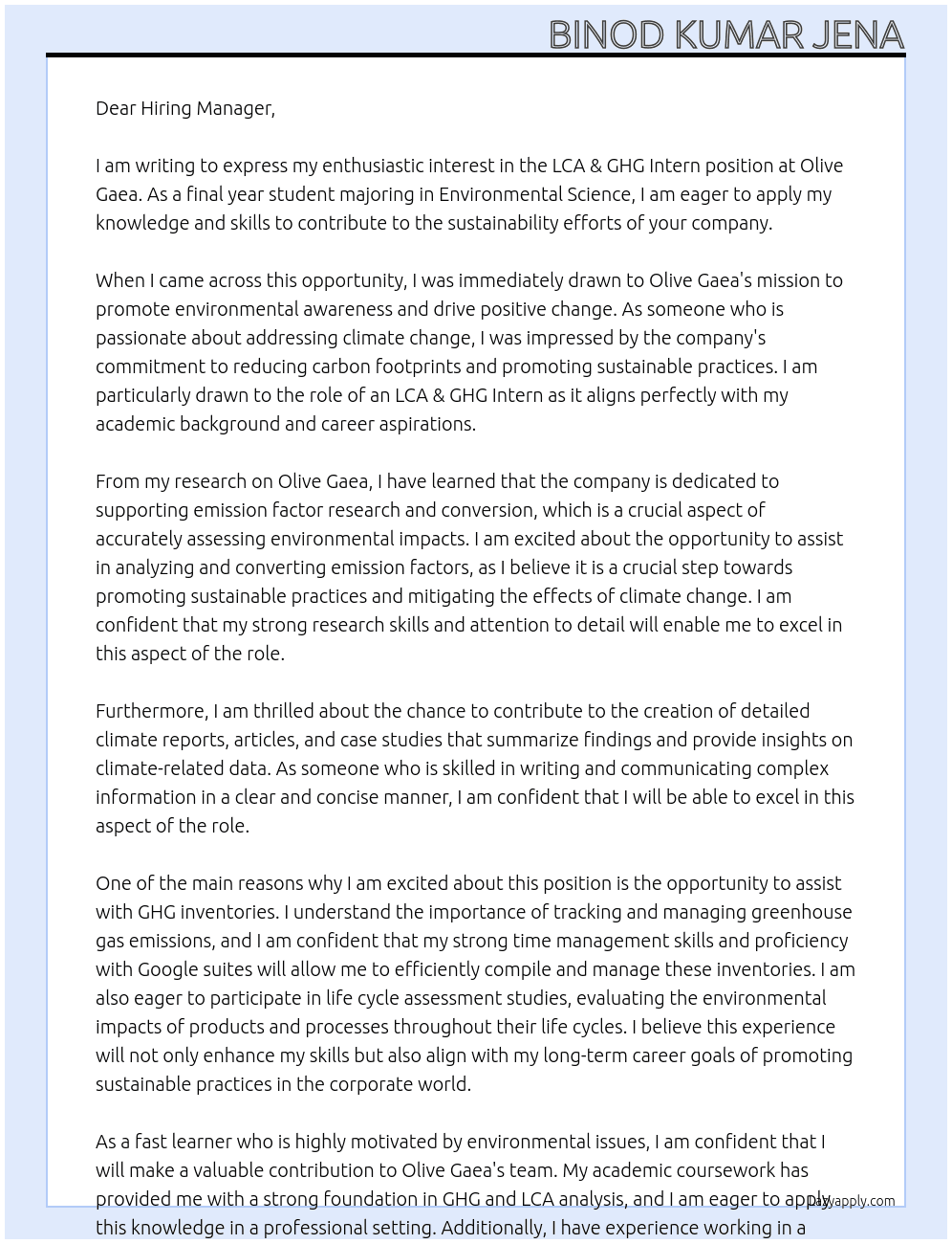 LCA & GHG Intern At Olive Gaea Cover Letter