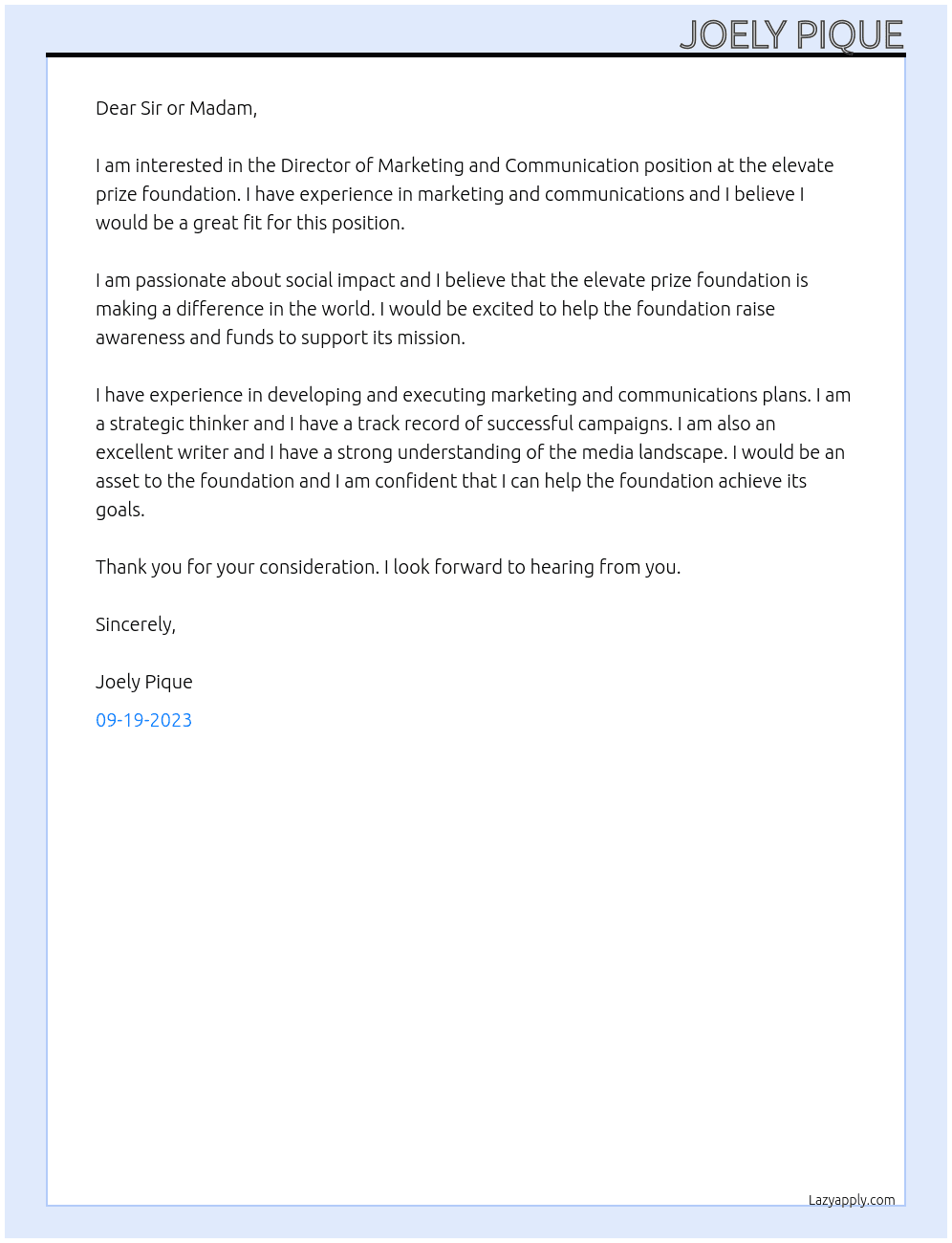 Director of Marketing and Communication At elevate prize foundation Cover Letter