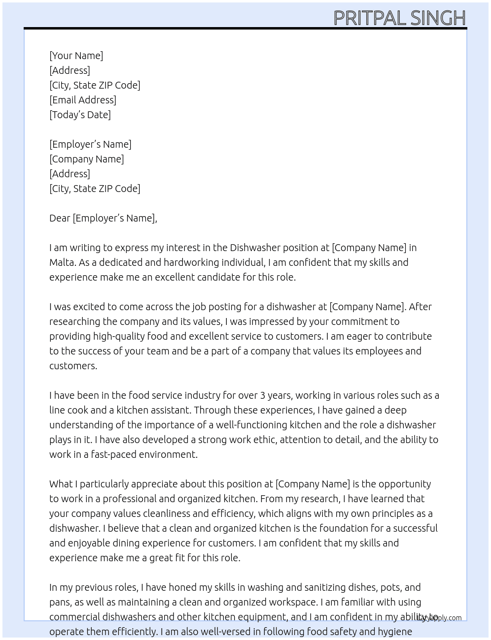 dishwasher At Malta Cover Letter