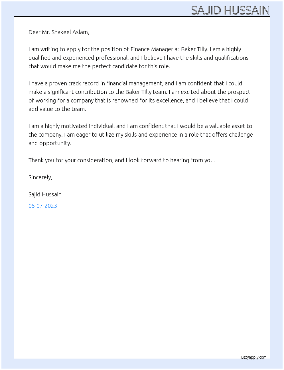 Finance Manager At Baker tilly Cover Letter