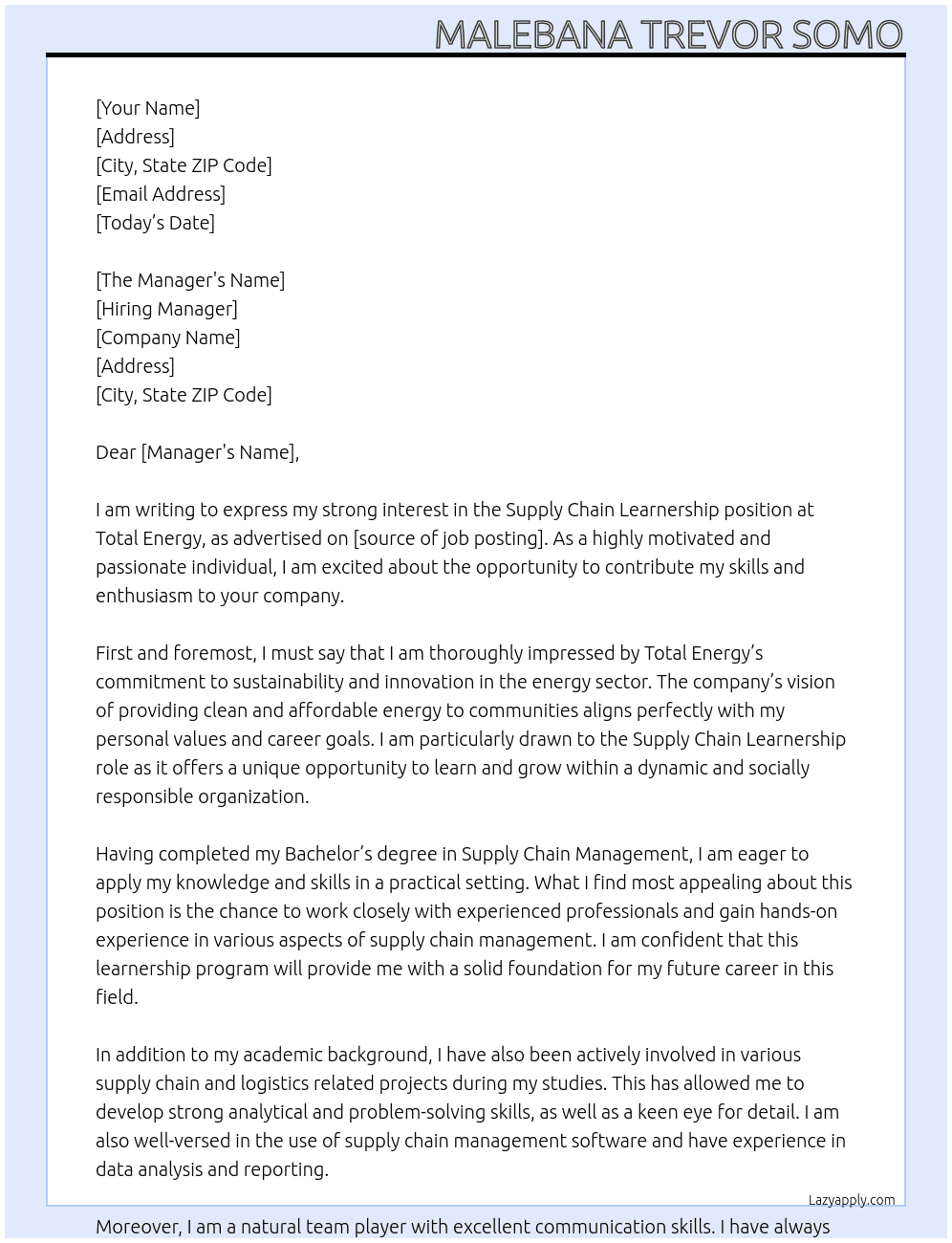 Supply Chain Learnership At Total Energy Cover Letter