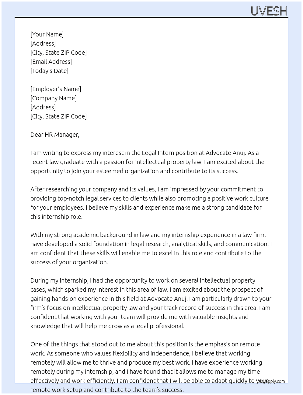 Legal intern At Advocate Anuj  Cover Letter