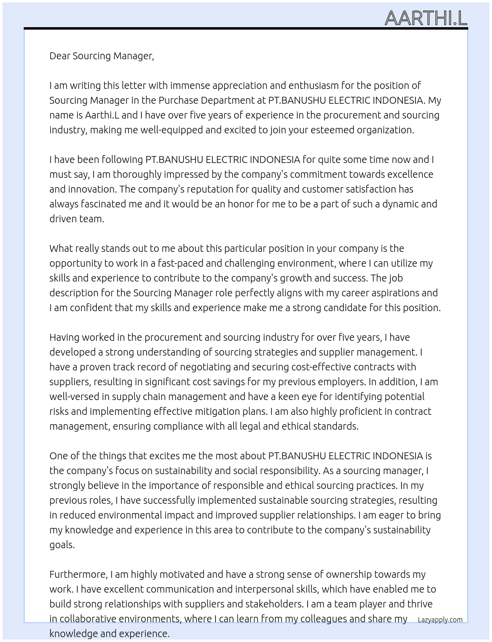 purchase department At PT.BANUSHU ELECTRIC INDONESIA Cover Letter