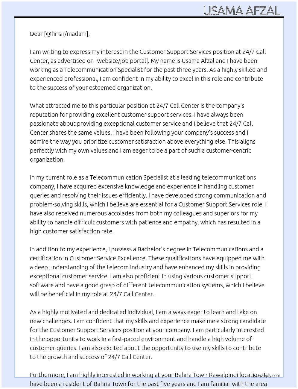 Customer support services  At 24/7 call center  Cover Letter