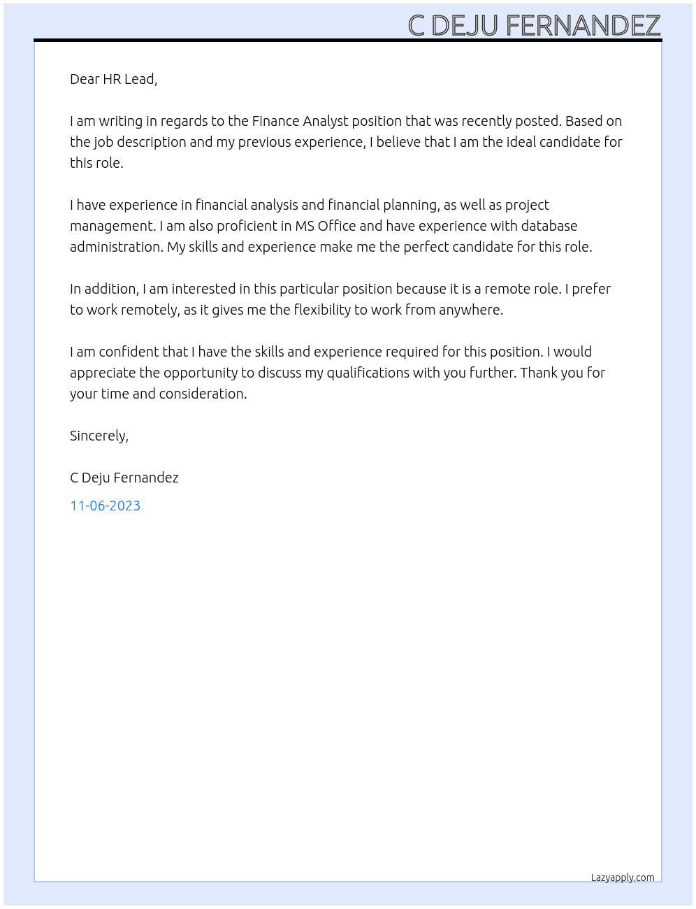 Finance Analyst At Tventurer Pvt Ltd Cover Letter