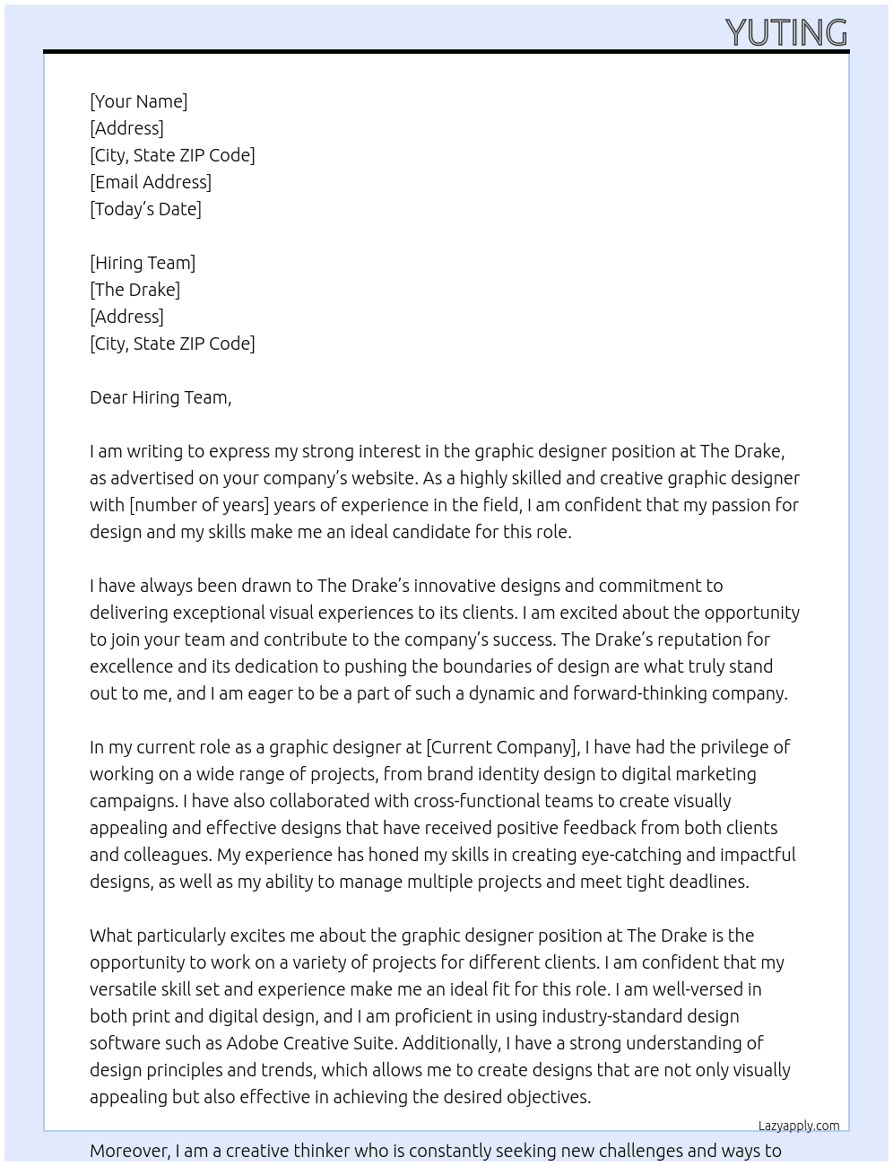graphic designer At The Drake Cover Letter