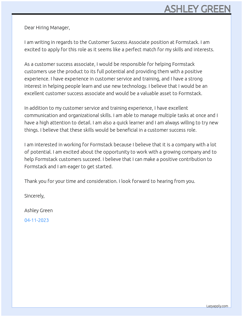 Customer Success Associate At Formstack Cover Letter
