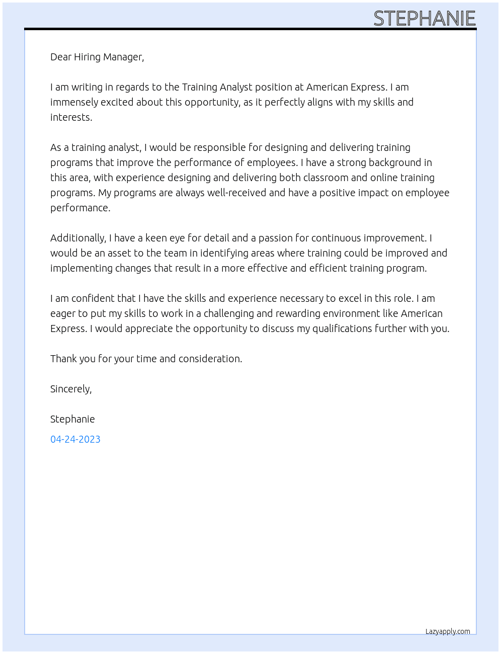 Training Analyst At American Epress Cover Letter