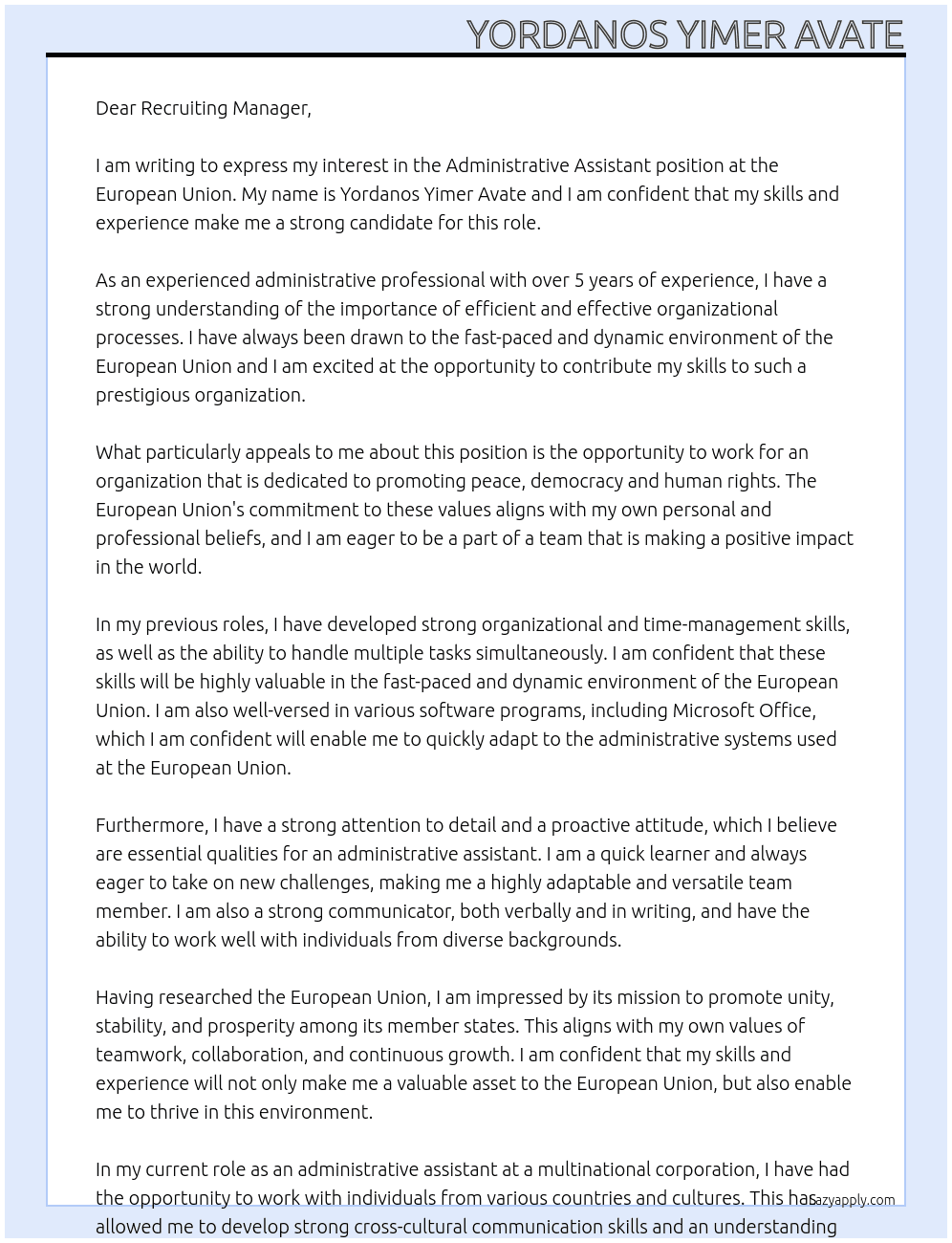 Administrative assitant At European Union Cover Letter