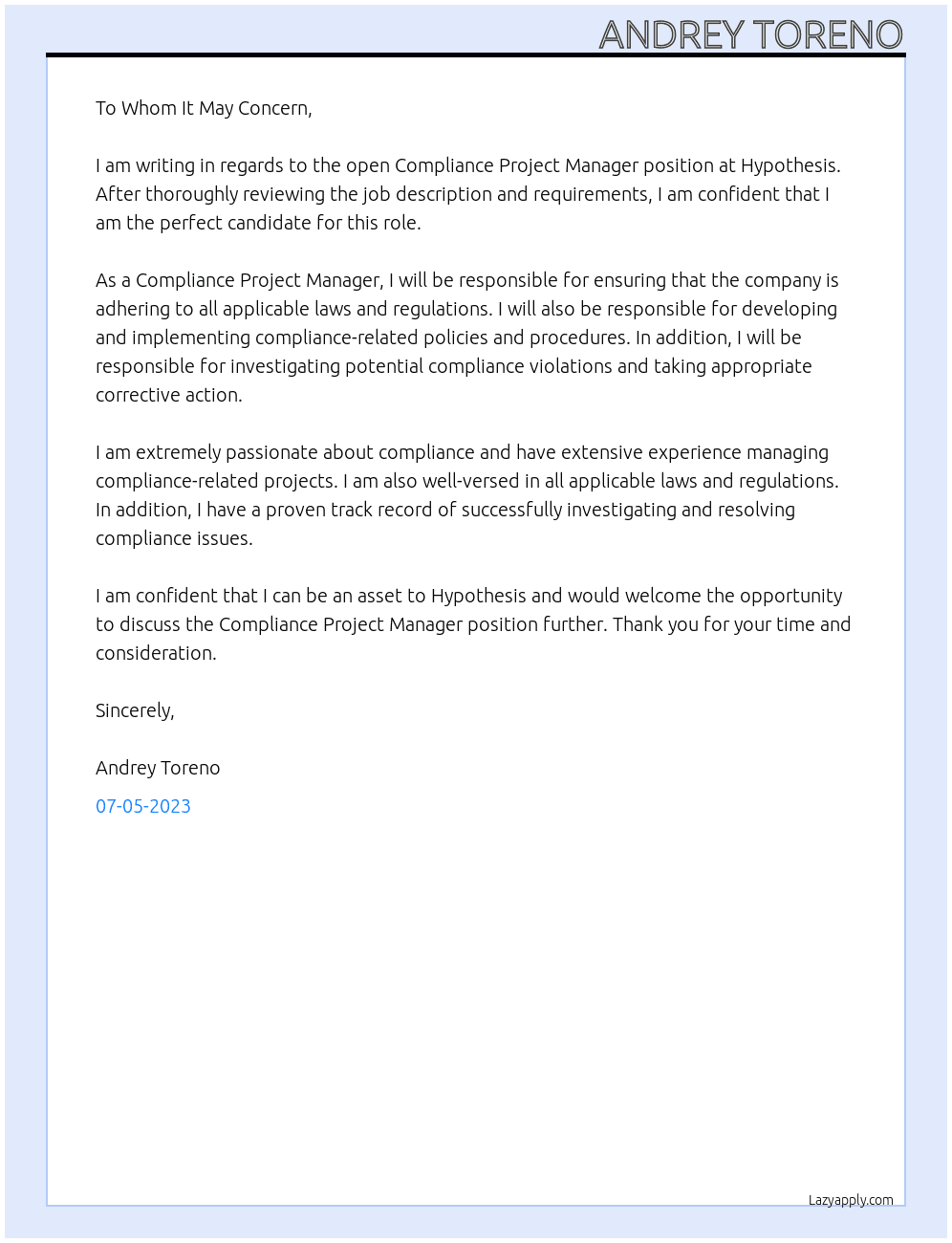 COMPLIANCE PROJECT MANAGER At Hypothesis Cover Letter