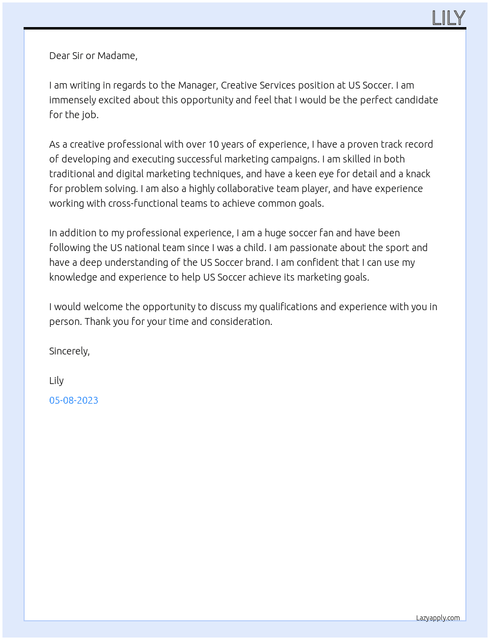 Manager, Creative Services At US Soccer Cover Letter