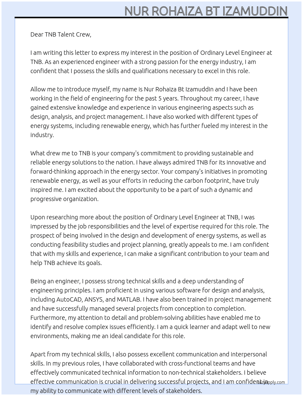ordinary level engineer At TNB Cover Letter