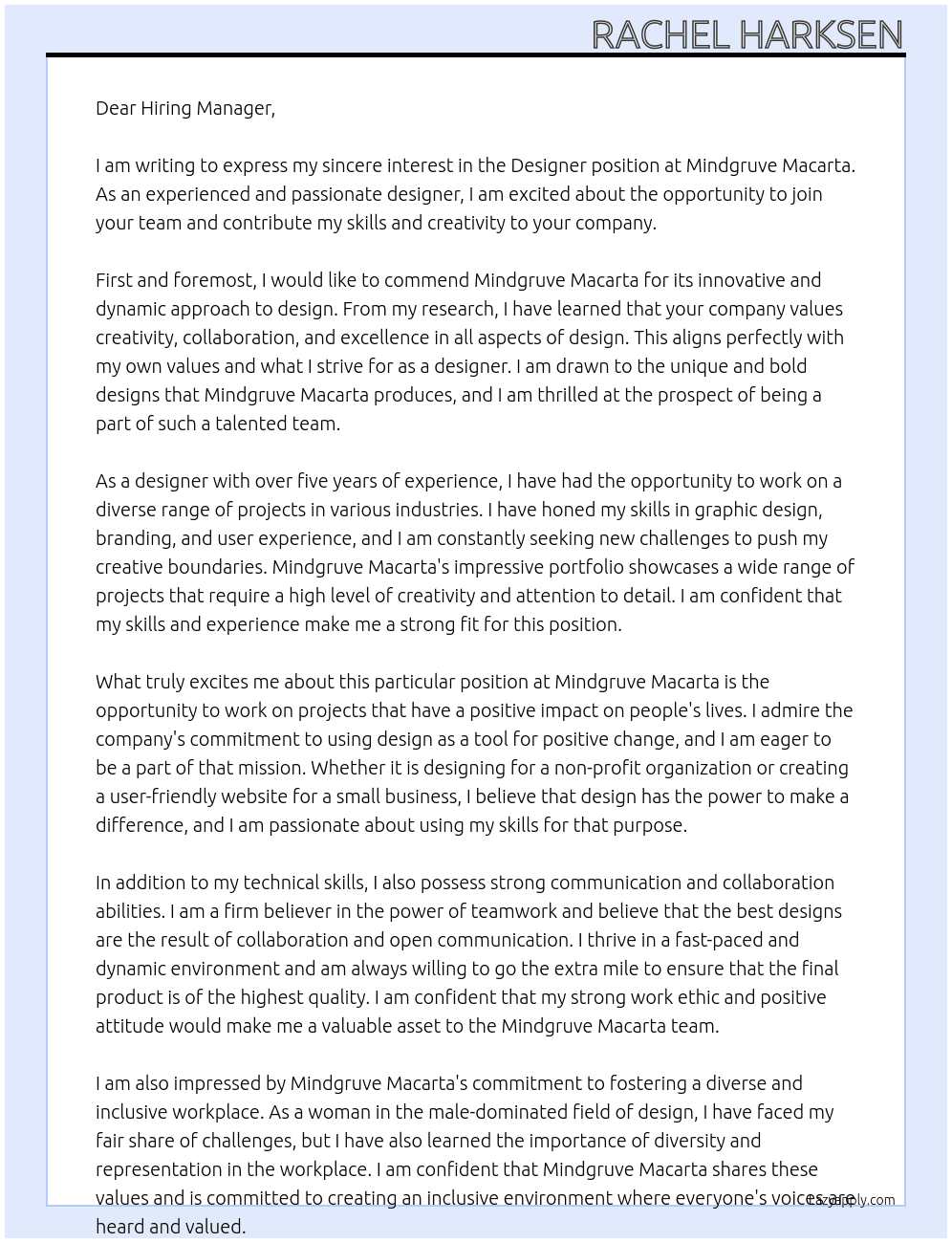 Designer At Mindgruve Macarta Cover Letter