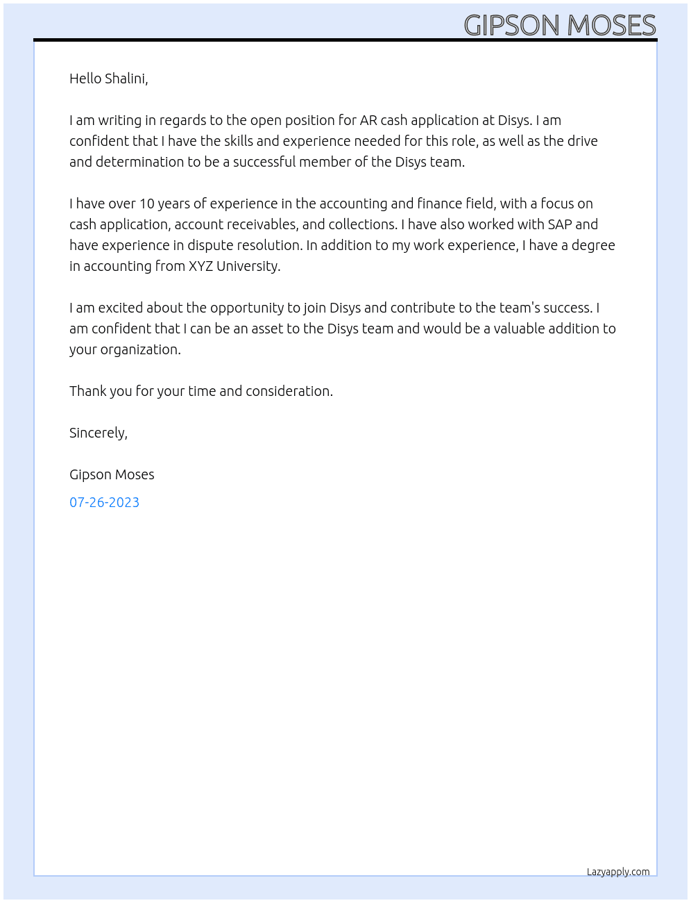 AR cash application  At Disys  Cover Letter