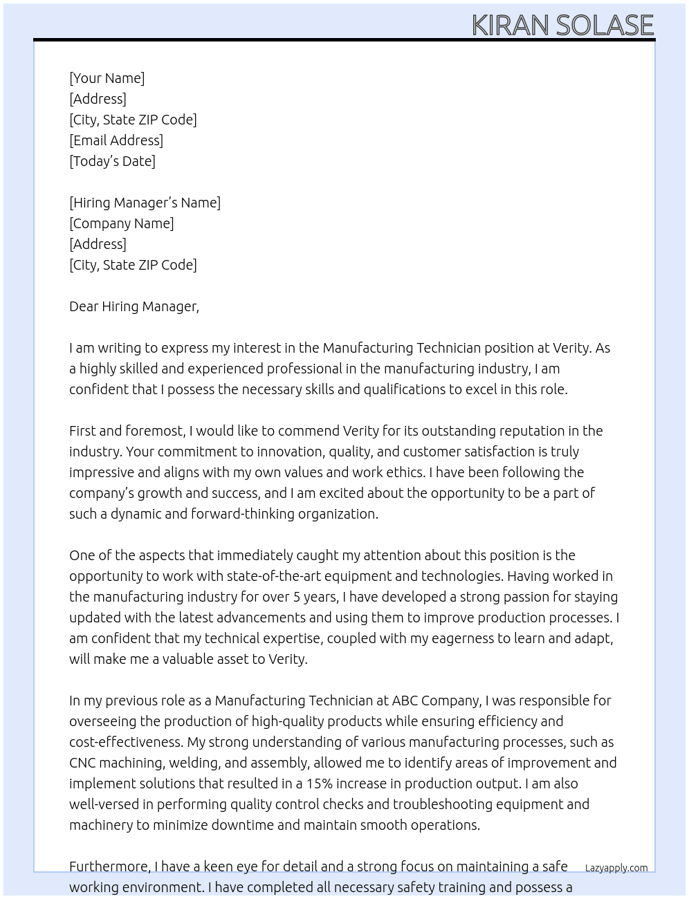 Manufacturing Technician At Verity Cover Letter