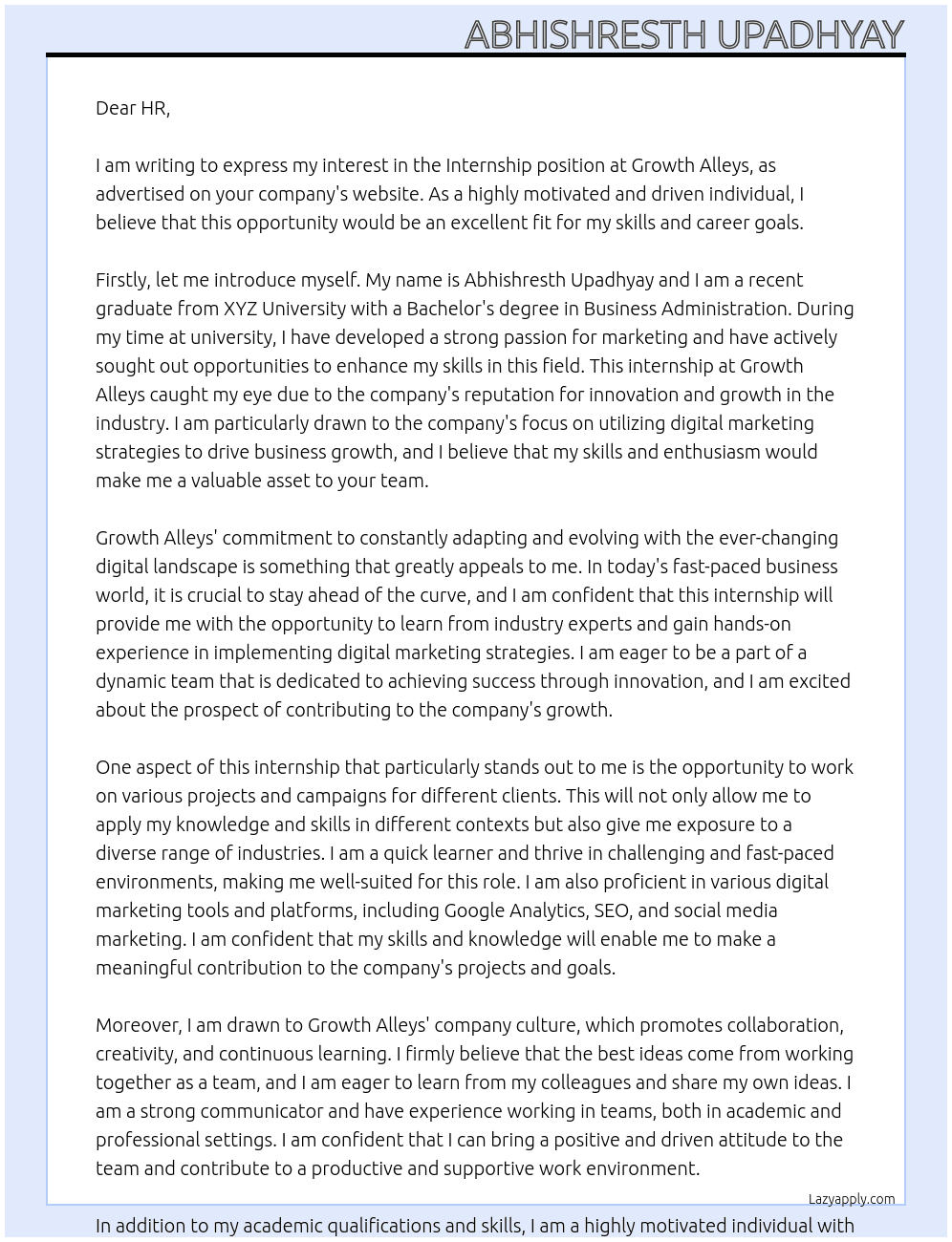 Internship At Growth Alleys Cover Letter