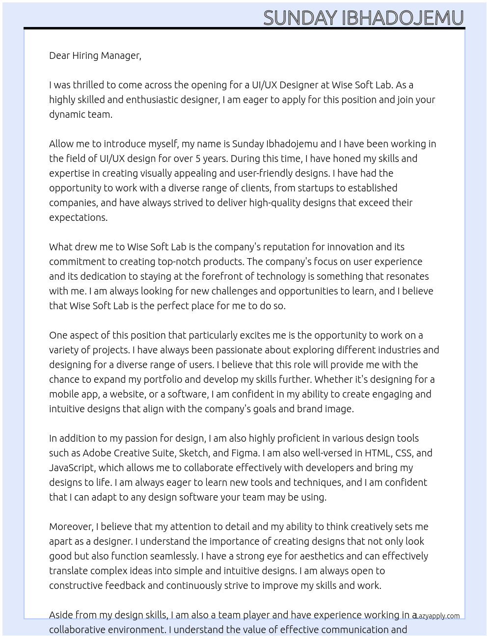 UI/UX DESign At Wise Soft Lab Cover Letter