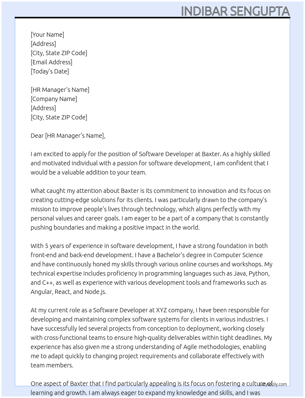 software developer At Baxter Cover Letter
