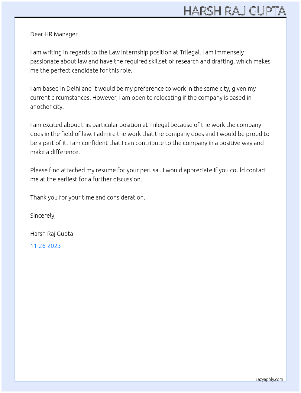 Law internship At Trilegal Cover Letter