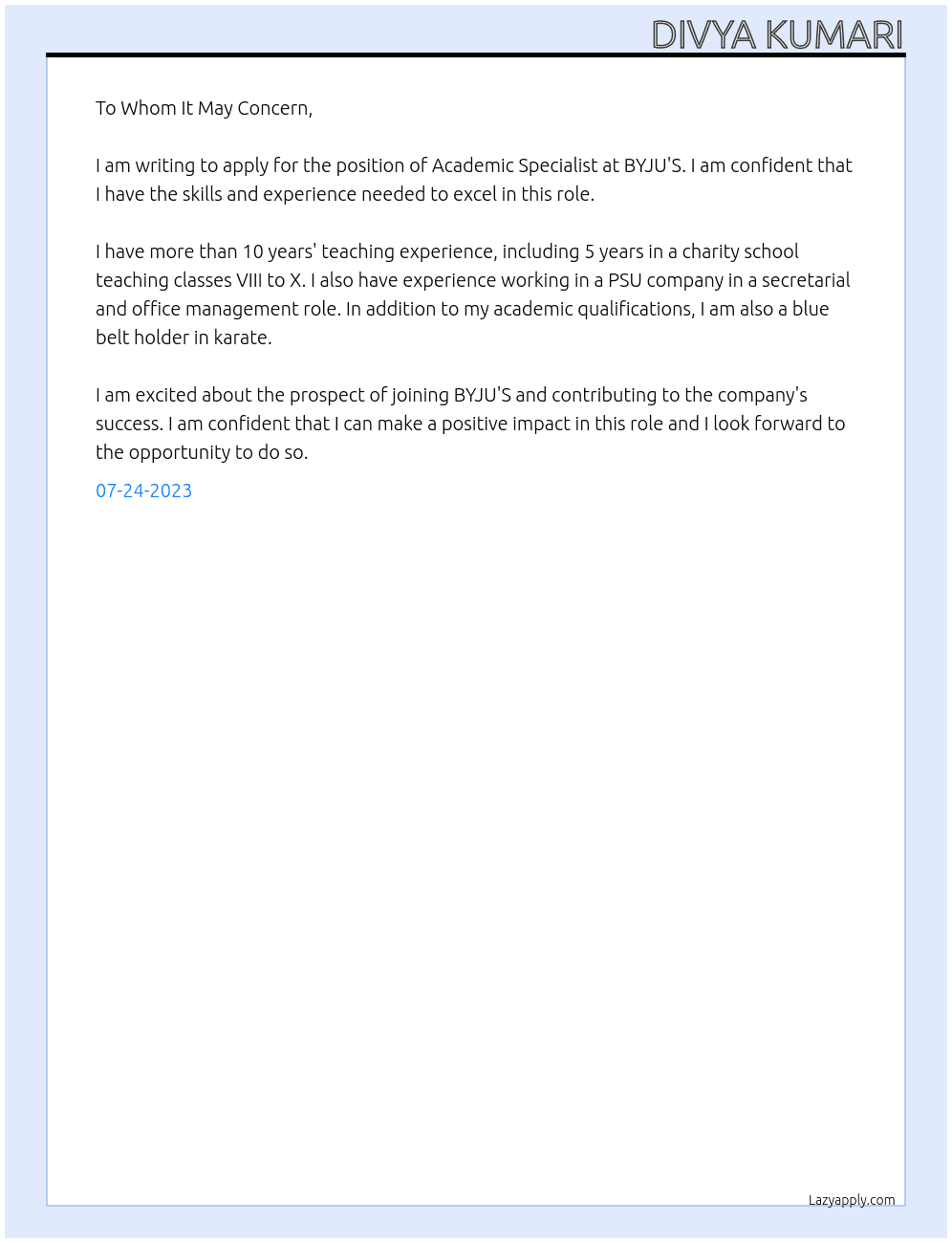 ACADEMIC SPECIALIST At BYJU'S Cover Letter