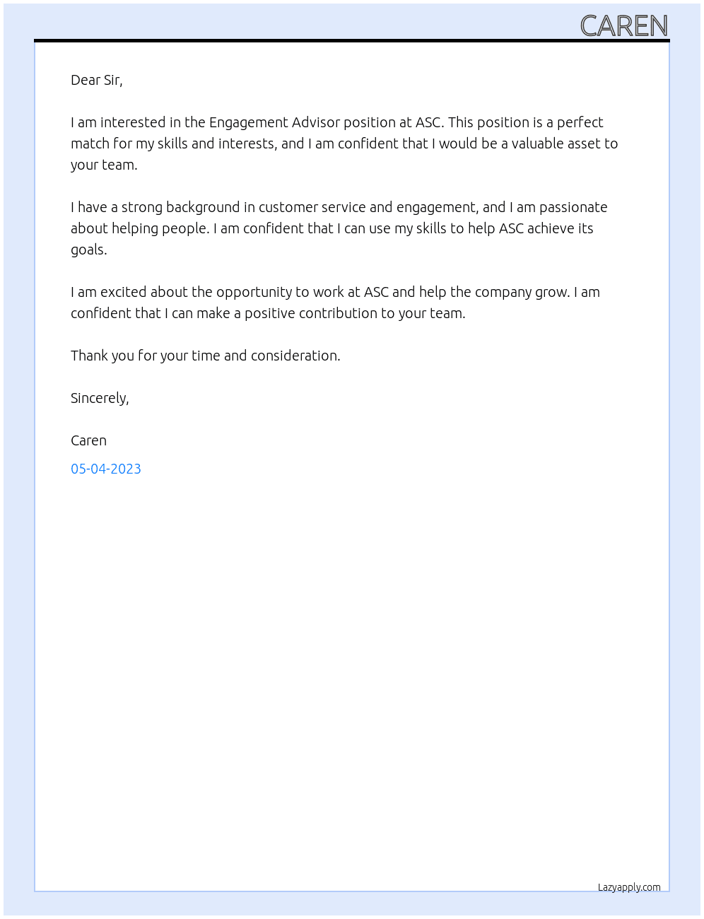 Engagement Advisor At ASC Cover Letter