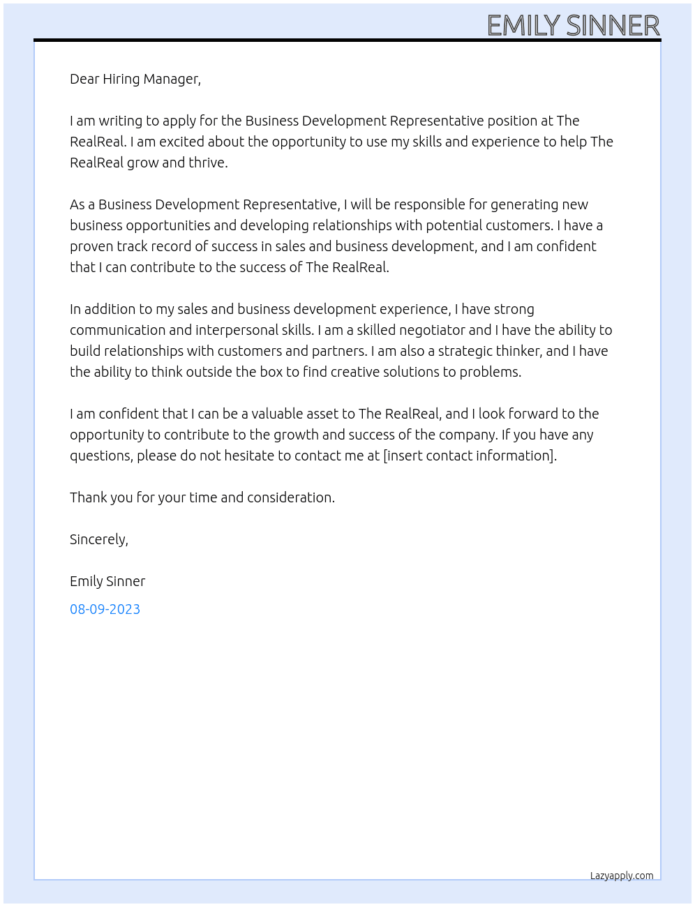 Business Developement Respresentitive  At The RealReal Cover Letter