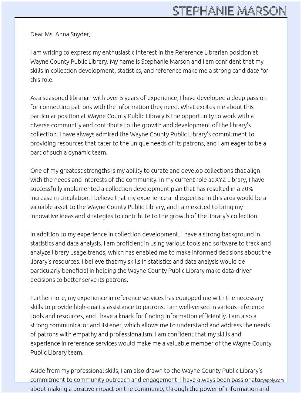 Reference Librarian At Wayne County Public Library Cover Letter