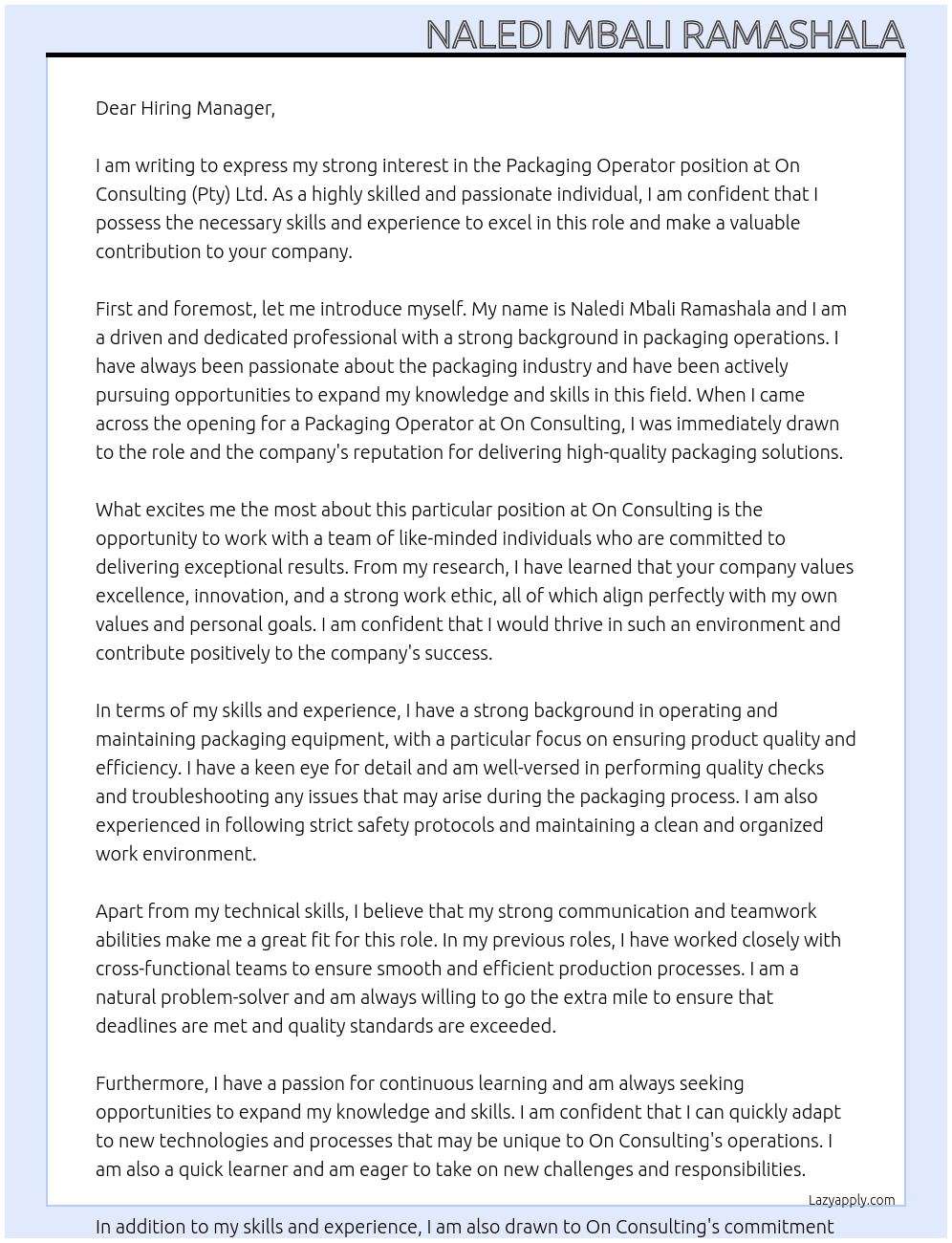 Packaging Operator At On Consulting (Pty) Ltd Cover Letter